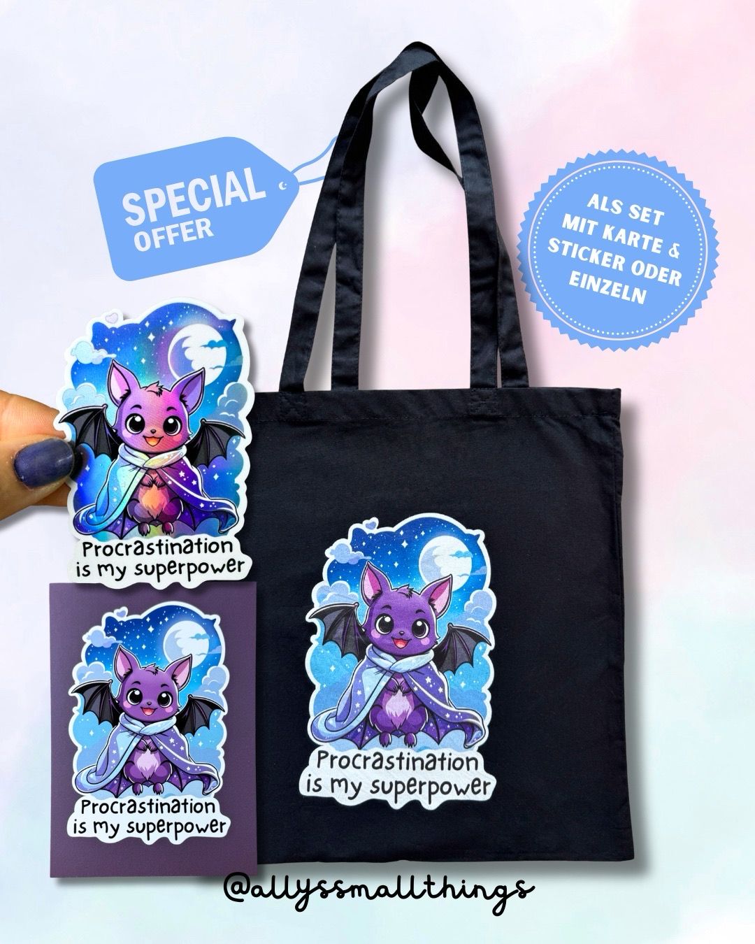 Procrastination Fledi 🦇 Beutel, Tasche Fairtrade, Fledermaus Prokrastinieren