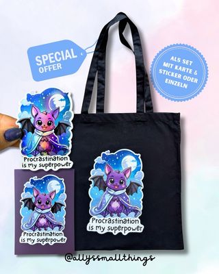 Procrastination Fledi đŚ Beutel, Tasche Fairtrade, Fledermaus Prokrastinieren