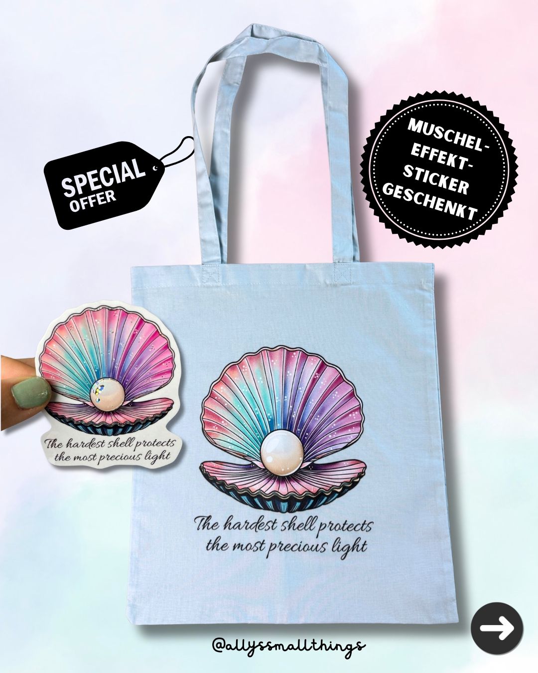 Pastell Shell 🐚 Limitiertes Set Beutel &amp; Sticker, Tasche Fairtrade, Regenbogen Muschel