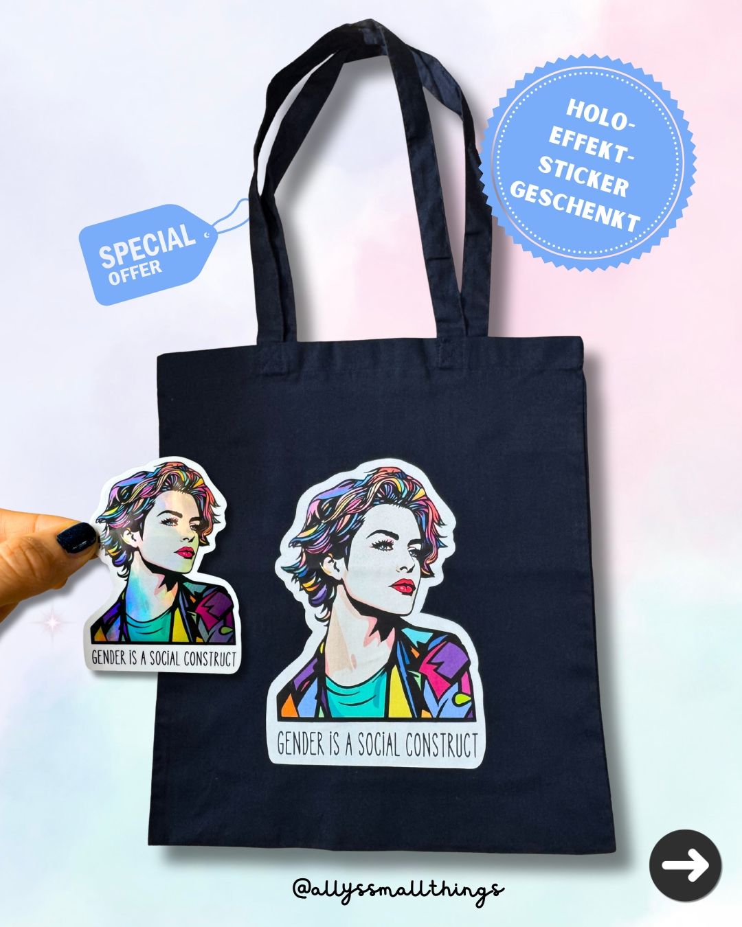 Gender is a social construct 🏳️‍🌈🏳️‍⚧️Limitiertes Set Beutel &amp; Sticker, Tasche Fairtrade, Regenbogen, Queer, Nonbinary