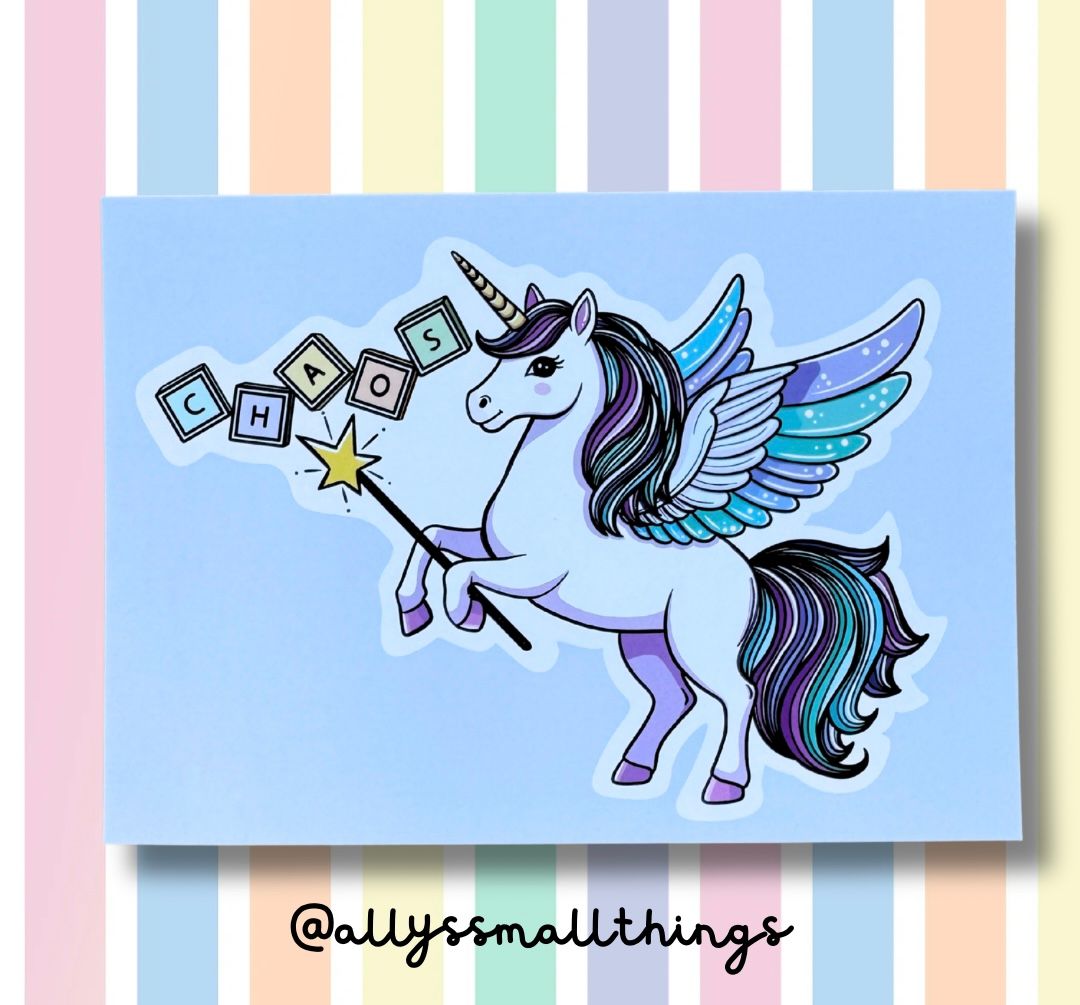 Chaos Einhorn 🦄 Postkarte, Neurodivergent, ADHS, Pastell