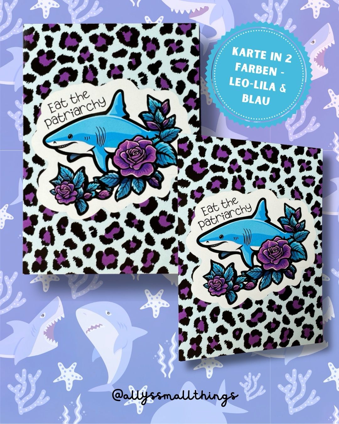 Eat the patriarchy shark - Postkarte Leo oder Blau, Feminist, Hai, Karte