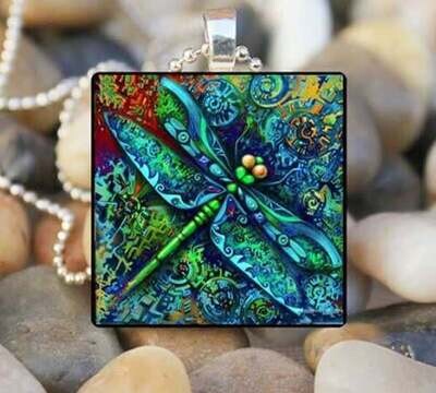 Green Dragonfly Tile Pendant