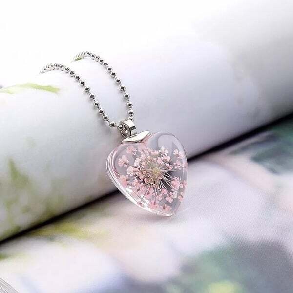Peach Flower Heart Necklace - Pink