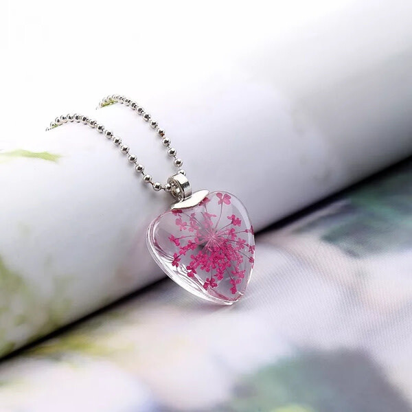 Peach Flower Heart Necklace - Red