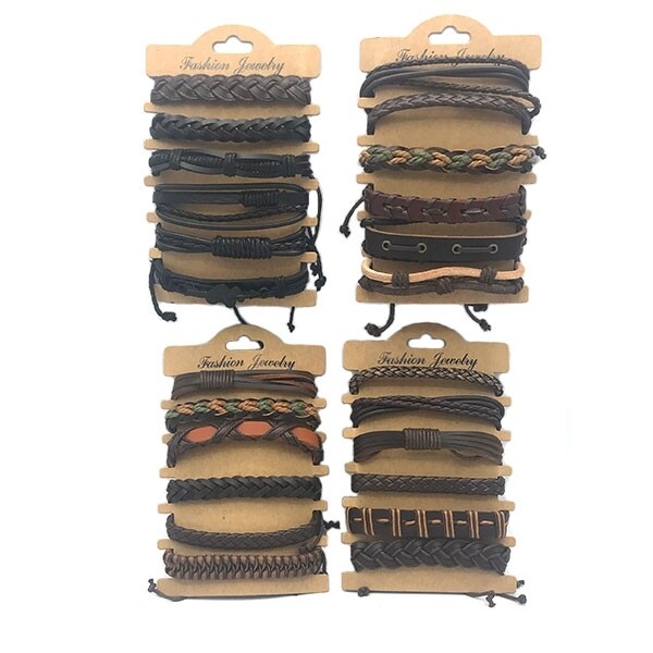 Assorted Brown Leather Bracelets on Card (6-pack)