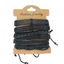 Assorted Black &amp; Brown Leather Bracelets on Card (6-pack)