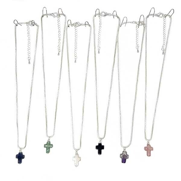 Stone Cross w/Silver Chain Necklace