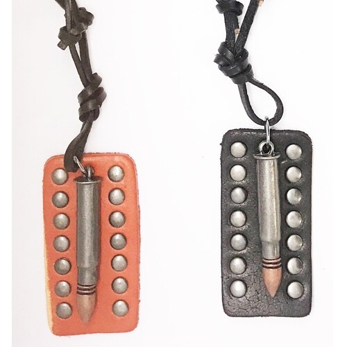 Studded Leather Dog Tag Bullet Necklace