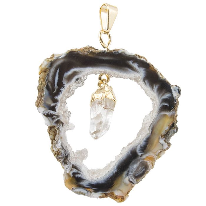 Geode Slice Gold &amp; Silver w/Crystal Necklace