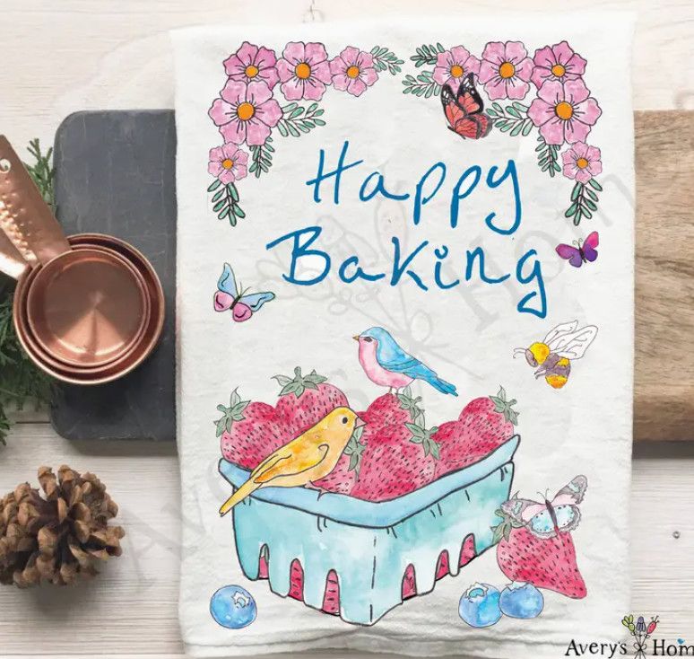Happy Baking Berry &amp; Birds Tea Towel