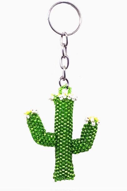 Beaded Saguaro Cactus Yellow Flower Key Chain