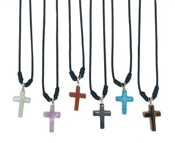 Assorted Geuine Stone Cross Black Cord Necklace