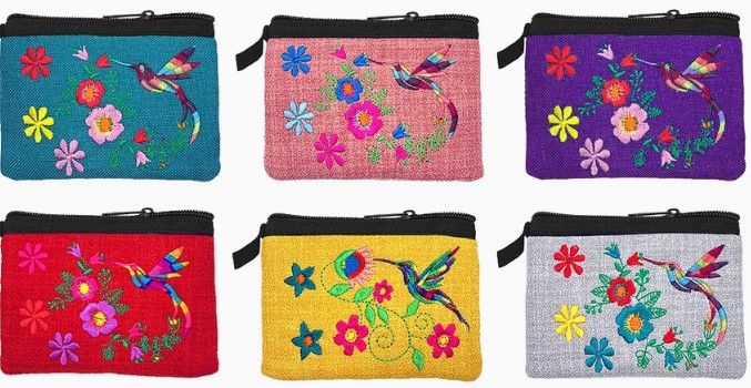 Embroidered Hummingbird Floral Coin Purse Pouch