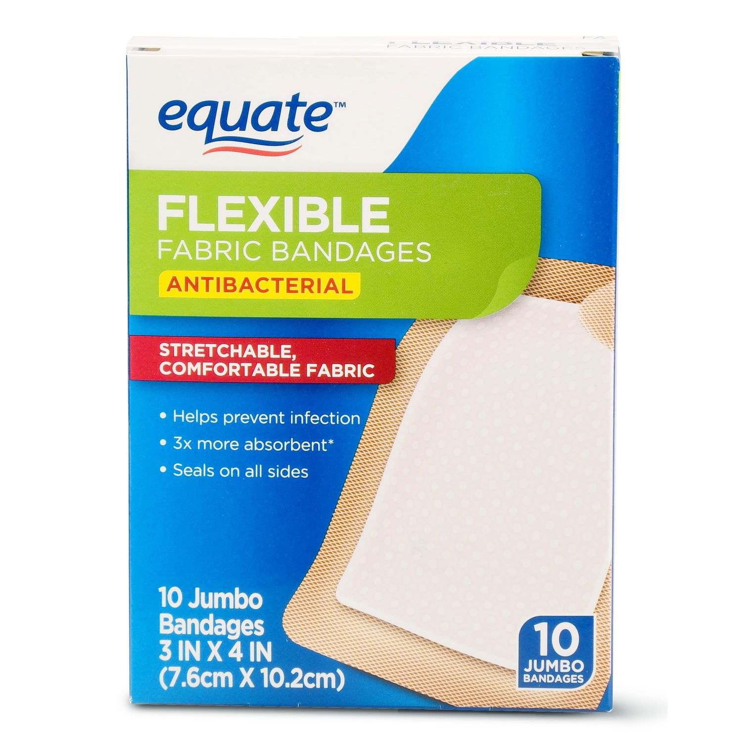 Equate Flexible Antibacterial Fabric Bandages, 3&quot; X 4&quot;, 10 Ct