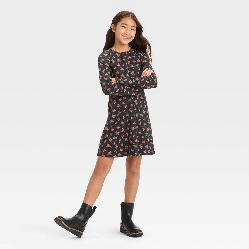 Girls&#39; Long Sleeve Seam Front Fitted Dress - Art Class™ Black Floral