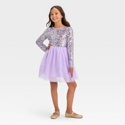 Girls&#39; Long Sleeve Sequin Tulle Dress - Cat &amp; Jack™ Lavender