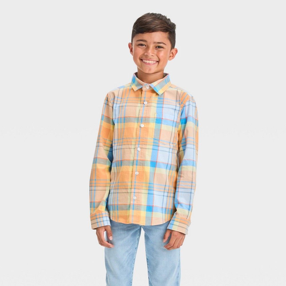 Boys&#39; Long Sleeve Plaid Button-Down Shirt - Cat &amp; Jack™ Orange/Blue