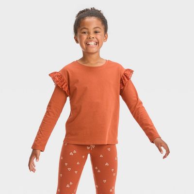 Girls&#39; Long Sleeve Eyelet T-Shirt - Cat &amp; Jack™ Chestnut Orange