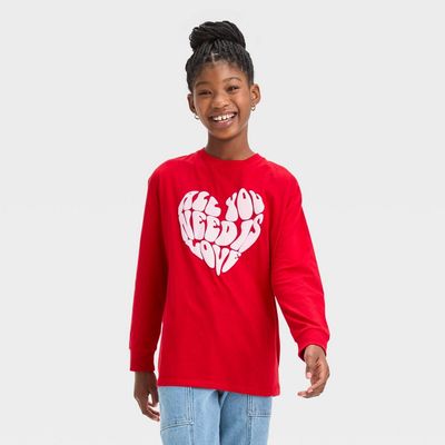 Girls&#39; Long Sleeve Oversized &#39;All You Need Is Love&#39; Graphic T-Shirt - Art Class™ Red