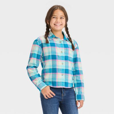 Girls&#39; Long Sleeve Button-Down Plaid Shirt - Cat &amp; Jack™ Blue