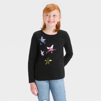 Girls&#39; Long Sleeve &#39;Multi Stars&#39; Flip Sequin T-Shirt - Cat &amp; Jack™ Black