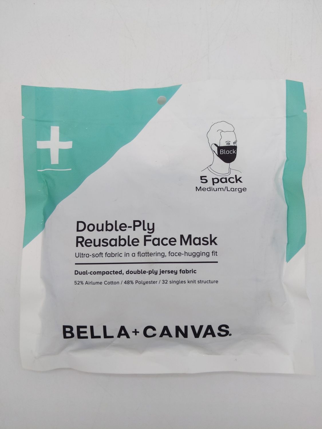 Bella + Canvas Reusable Face Mask Ulta Soft Double Ply Jersey Fabric Airlume Cotton/Polyester 5 Pack Medium/Large