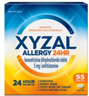 Xyzal 24 Hour Antihistamine Medicine Tablets for Adult Allergy Relief, Levocetirizine, 5 mg, 55 Pills