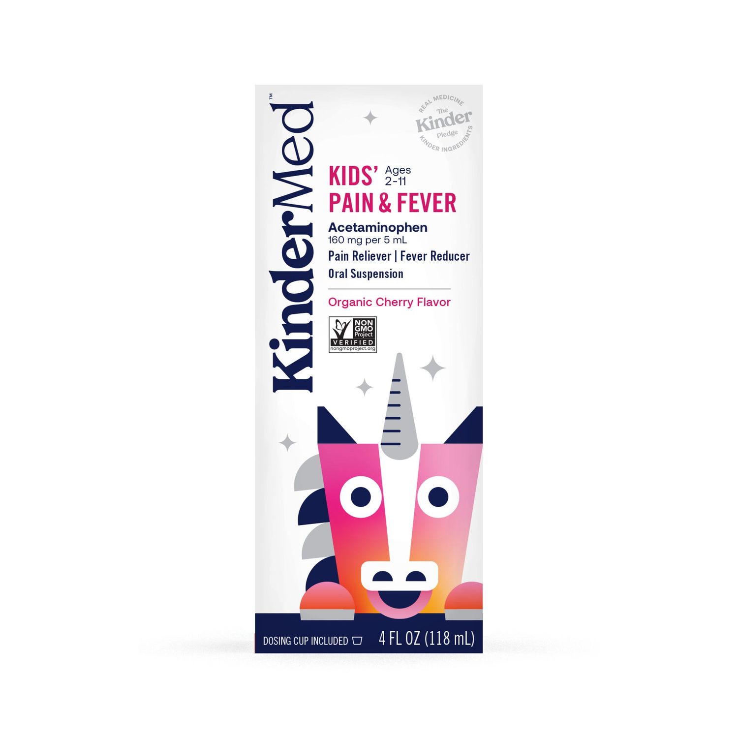 KinderMed Kids&#39; Pain &amp; Fever Acetaminophen Oral Suspension, Organic Cherry Flavor, 4 FL Oz - 4 Oz