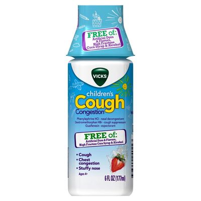 Vicks Children&#39;s Cough &amp; Congestion Relief, Free of Artificial Dyes &amp; Flavors, Berry, Ages 4+ - 6 Fl Oz