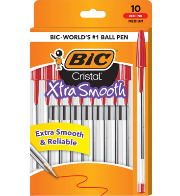 BIC Cristal Xtra Smooth Ballpoint Stick Pens, Medium Point (1.0 mm), Red Ink, Pack of 10