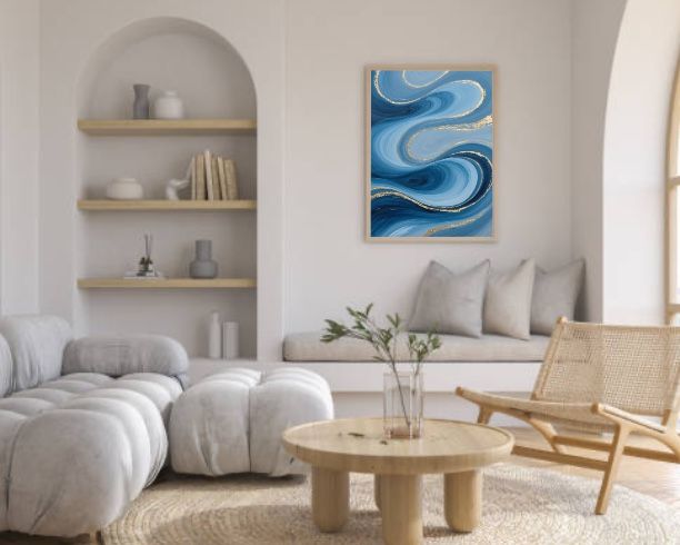 Azure &amp; Gold Swirls Abstract Art Print