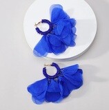 Blue Beaded Fabric Tassel Hoop Earrings