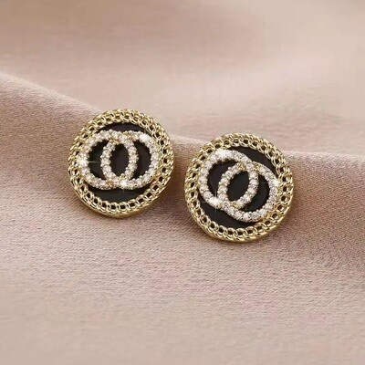 Gold/Black Rhinestone Chanel Dupe Stud Earrings