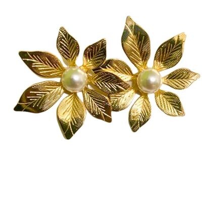 Gold Pearl Flower Stud Earrings