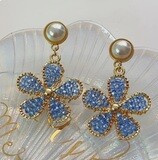 Pearl/Gold Wire Blue Bead Flower Drop Earrings