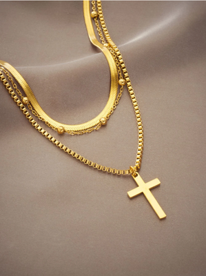 Gold Cross Pendant Stainless Steel Layered Necklace