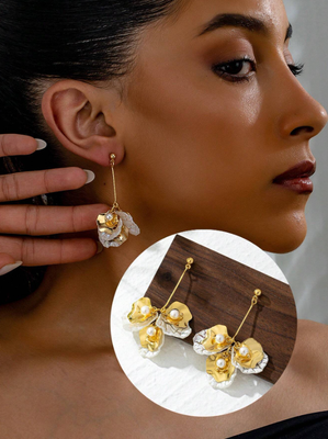 Gold White Flower Pendant Earrings