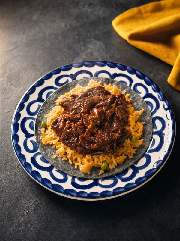 Tacos con mole rojo acompañado con arroz rojo