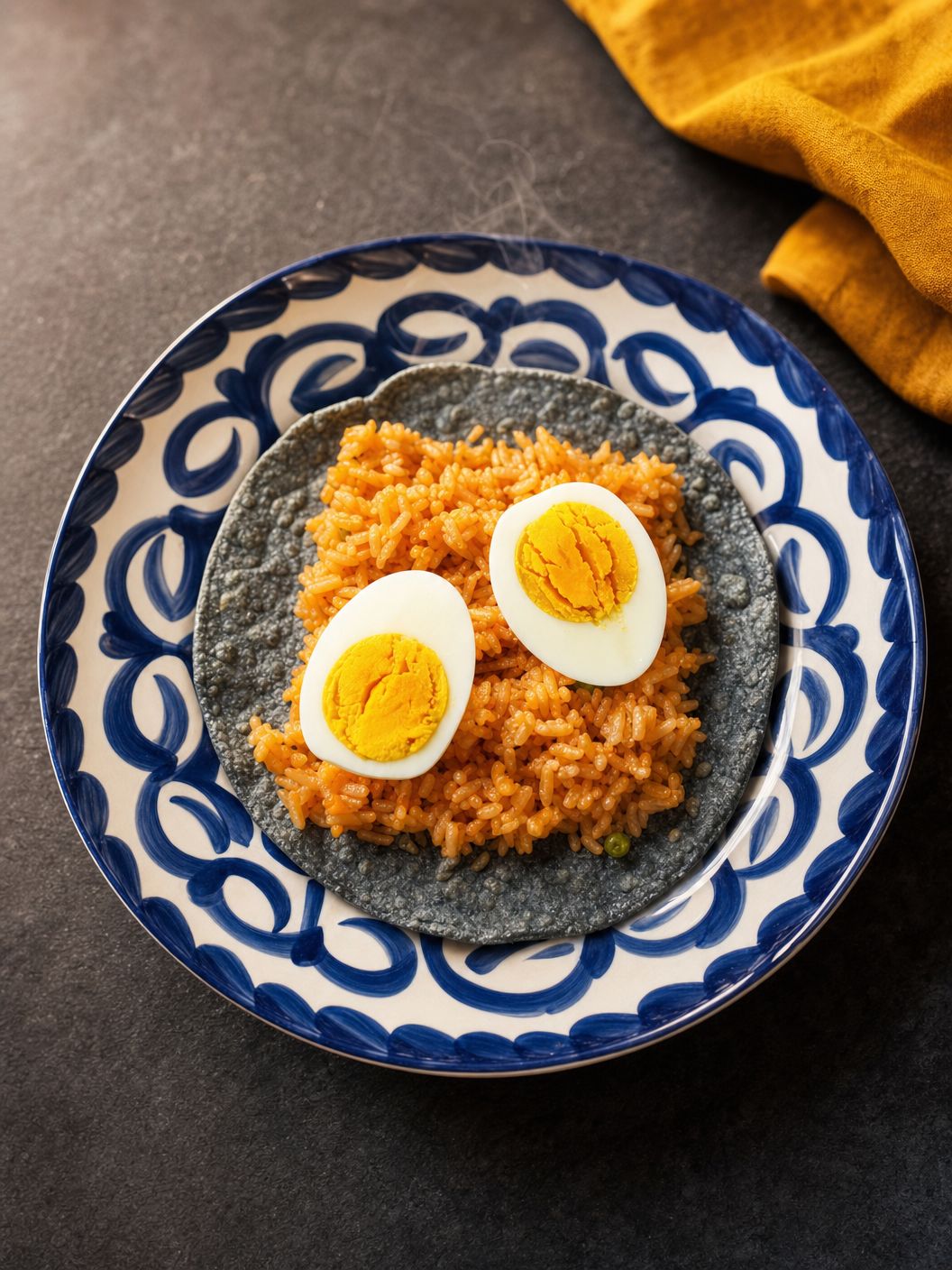 Taco con arroz rojo y un huevo duro