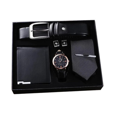 Fashion Men Watch Gifts Set Quality Belt , Quartz Wrist Watch , Folding Wallet , Tie Cufflinks &amp; Tie Clips