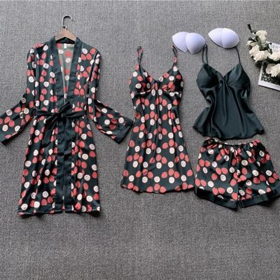 Strawberry Silky Satin 4 Piece Women Pajamas Set