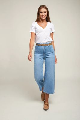 Toxik High Waisted Wide Leg Crop Jeans in Denim Blue Wash