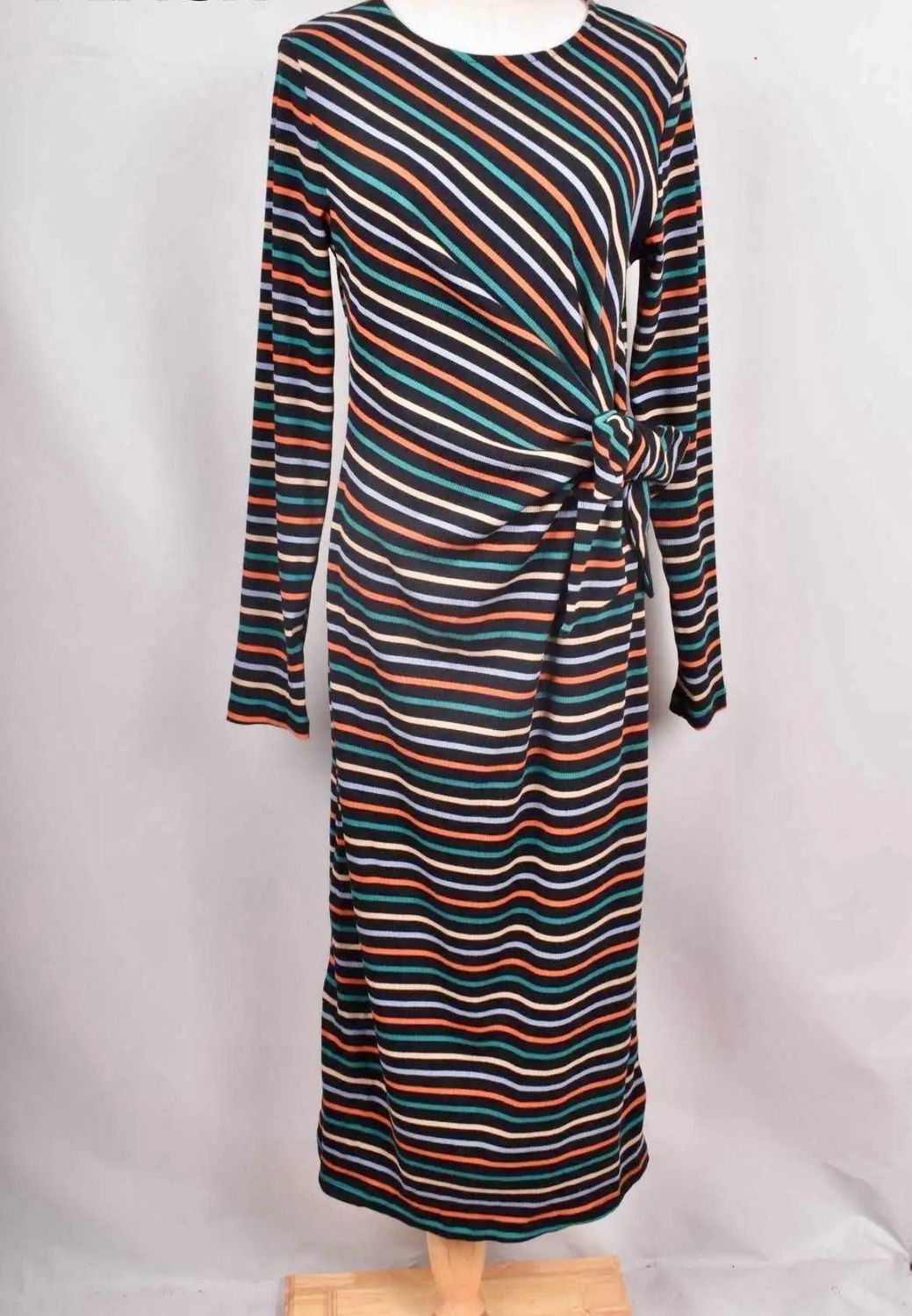 The Annie Stripe Knot Midi Dress In Black