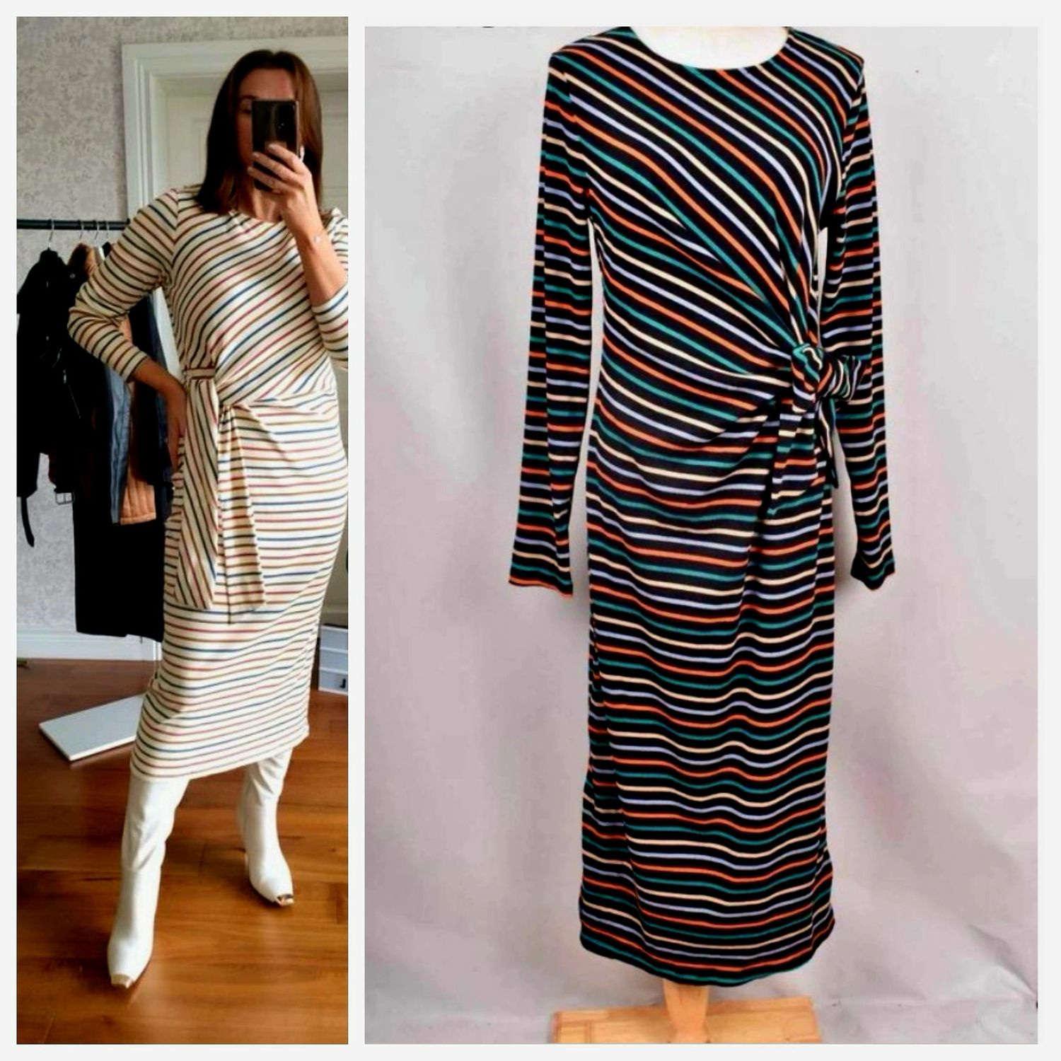 The Annie Stripe Knot Midi Dress In Black