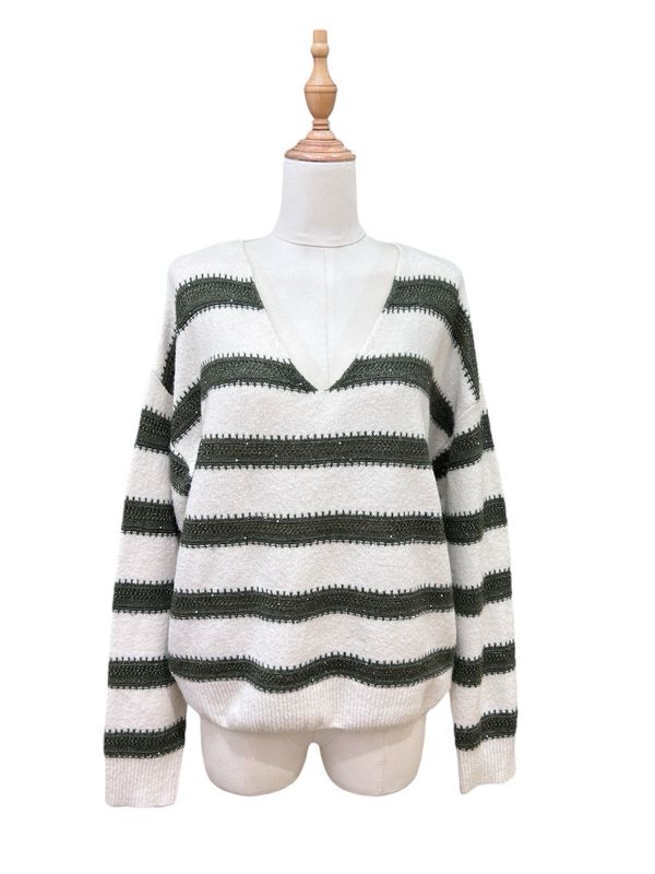 Amanda V Neck Lurex Stripe Cosy Knit In Khaki