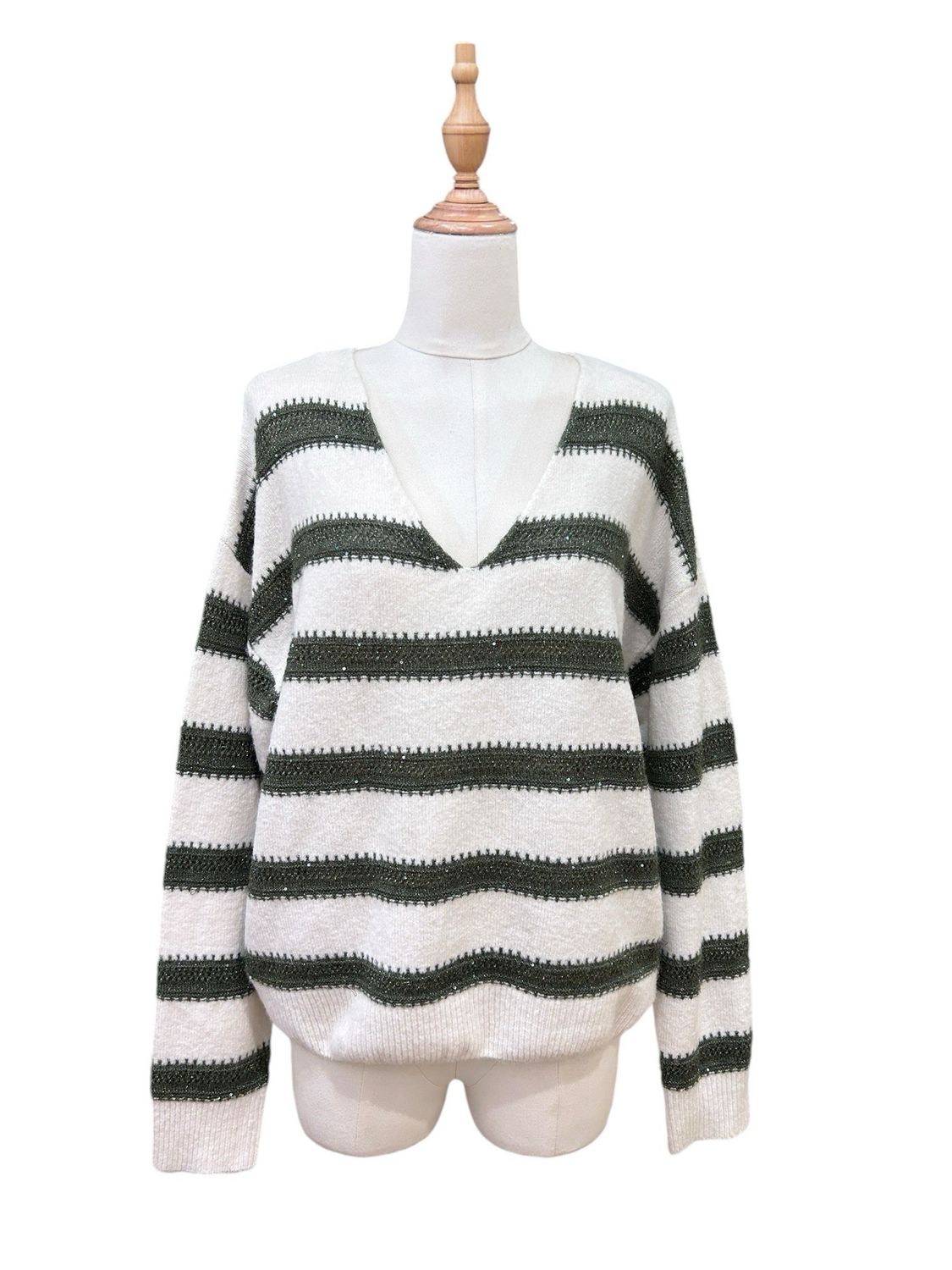 Amanda V Neck Lurex Stripe Cosy Knit In Khaki
