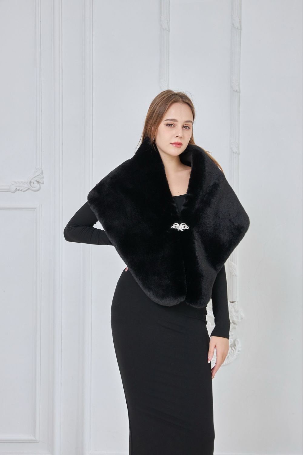 The Rochelle Faux Fur Stole With Clasp In Black