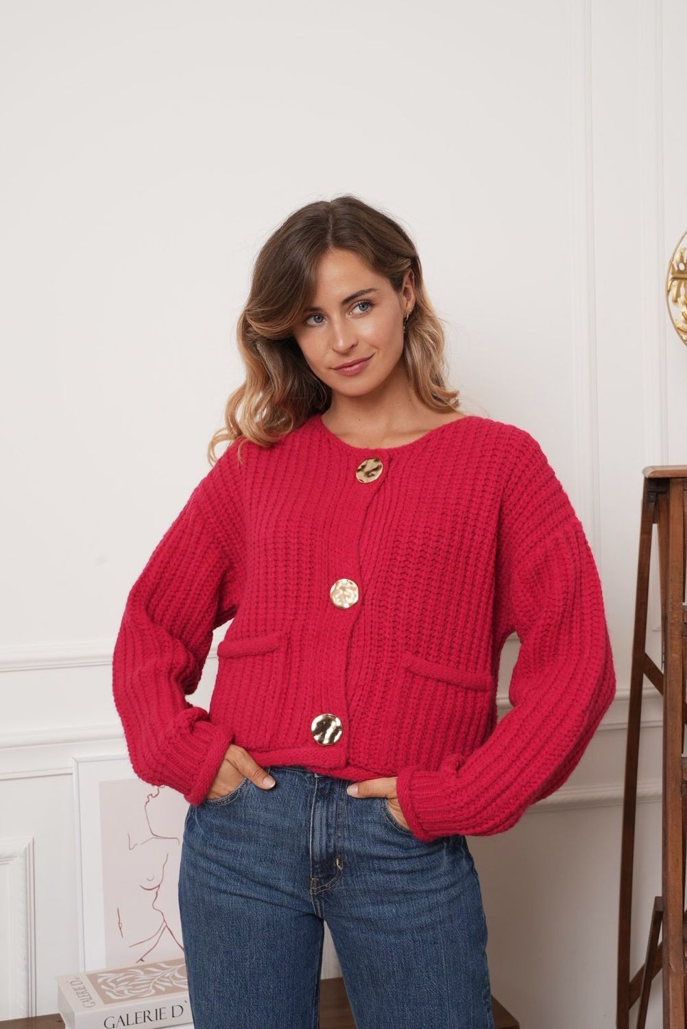 The Cheryl 3 Gold Button Cardigan In Red