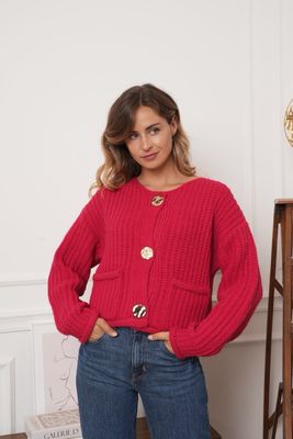 The Cheryl 3 Gold Button Cardigan In Red The Cheryl 3 Gold Button Cardigan In Red